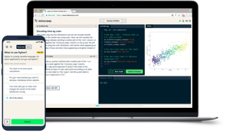Image of DataCamp learning environment and DataCamp mobile